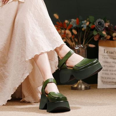 Thick Soled Wedges Sandals Genuine Leather Roud Toe Height Increasing Women's Platform Shoes