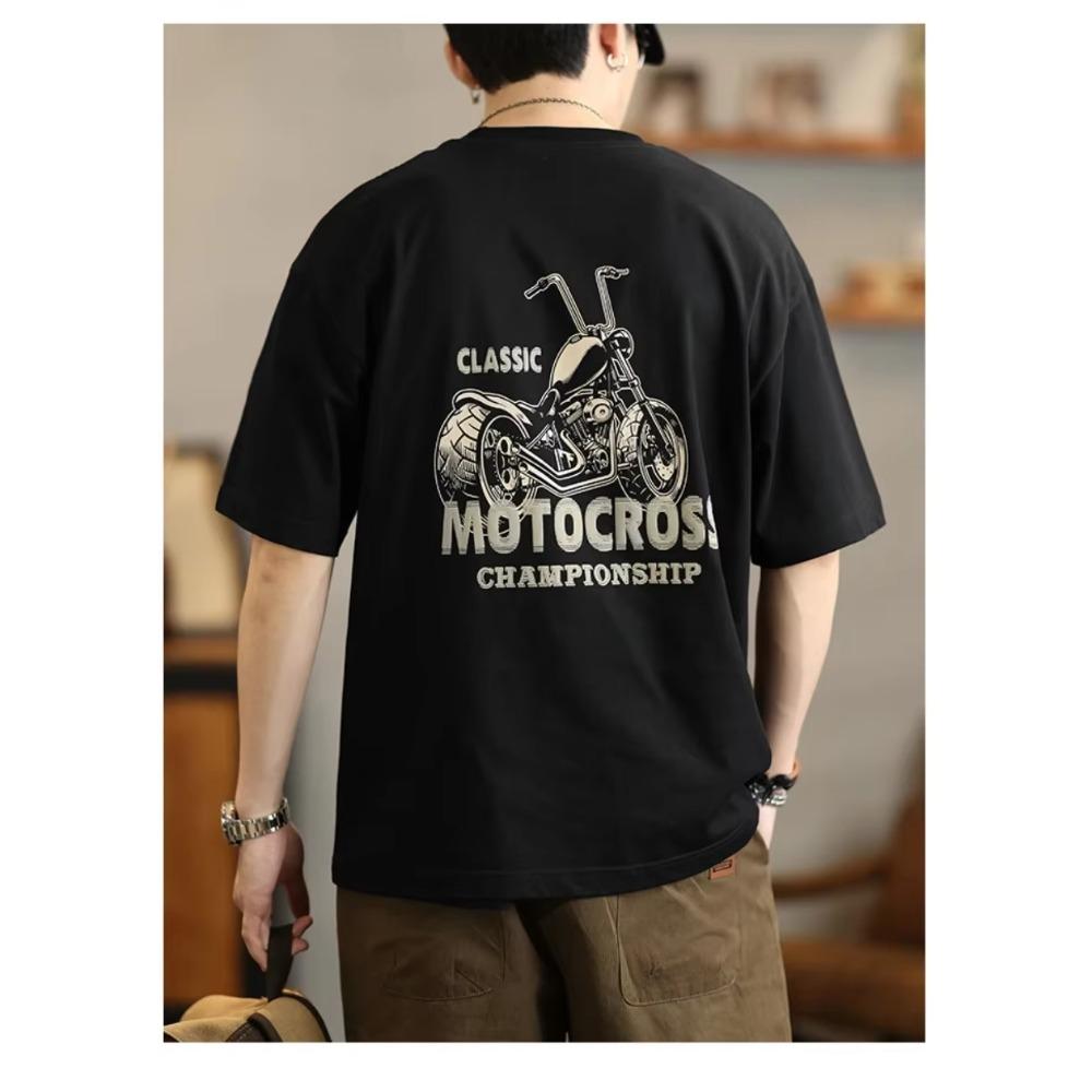 Summer Fashion Heavyweight Retro Men's Motorcycle 100% Cotton Printed Round Neck High Quality Leisure Fitness Street T-shirt