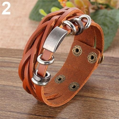 Mens Vintage Multilayer Braided Faux Leather Bangle Cuff Bracelet Wristband