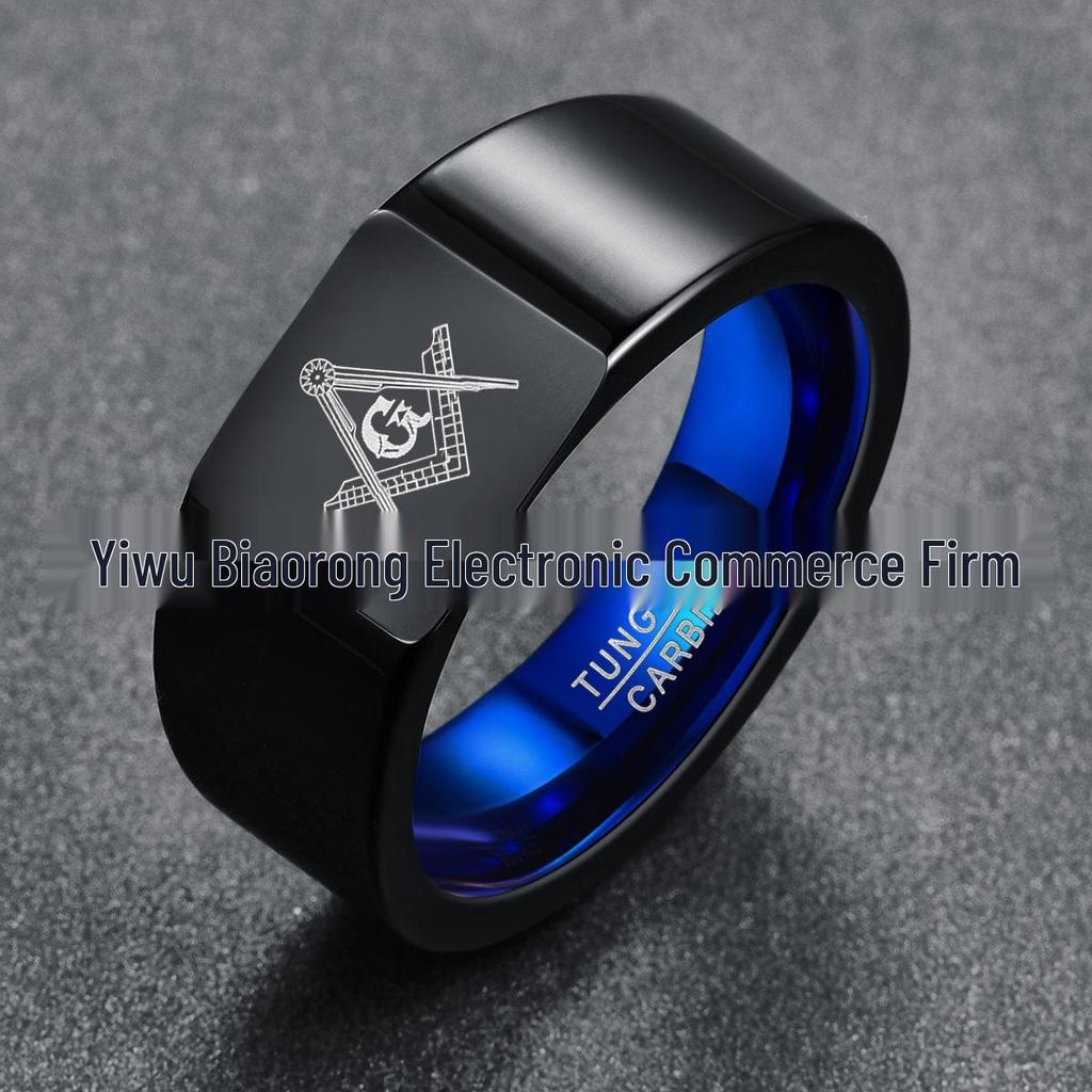 Freemason Symbol Black-Blue Laser Tungsten Steel Men's Ring