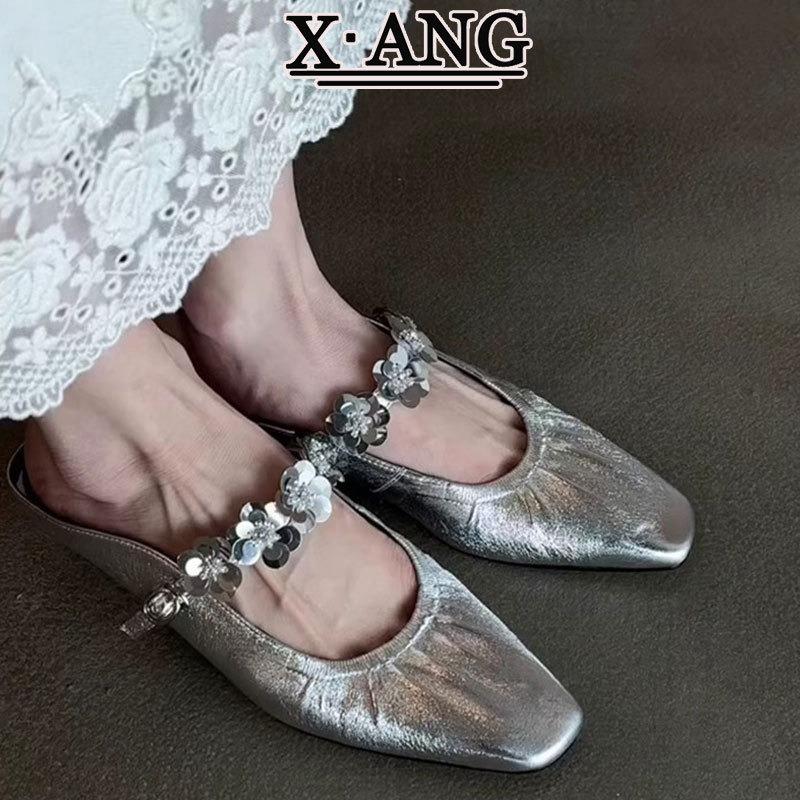 Cowhide version bag head half slippers women's summer can wear new models with skirts thick heels cool slippers shoes