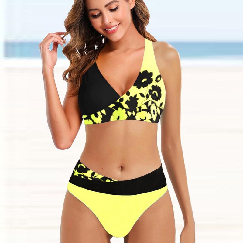 Women's Swimwear Bikini 2 Piece Swimsuit Backless Halter Beach Wear Yellow and Bright Flowers Print Bathing Suits