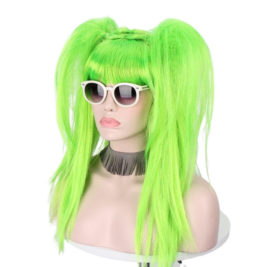 

Green Neat Bangs Double Ponytail Synthetic Wig Short Medium Straight Hair Free Switching Stylish Wig for Various Occasions зелений