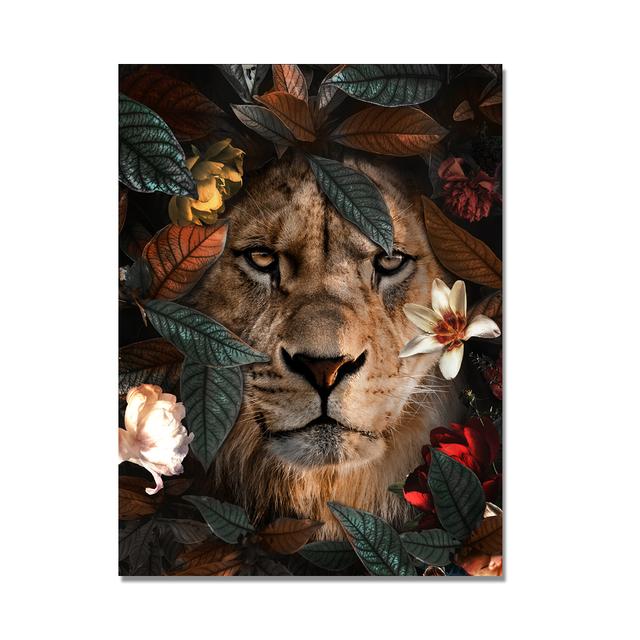 Lion and Tiger Flowers Canvas Painting Animal Cuadros Posters and Prints Nordic Wall Art Pictures for Living Room Home Decor