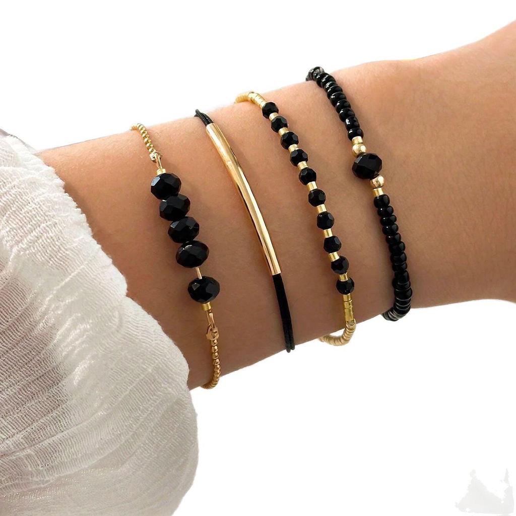 Women's Black Crystal Casual Bracelet Set - Handmade Woven Jewelry for Holidays and Parties