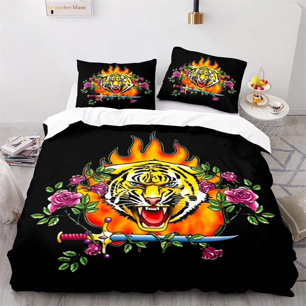 Purple Fire Tiger Duvet Cover Set 3D Print Wild Animals Queen King Size Bedding Set For Kid Boy Teen Comforter Cover With Zipper
