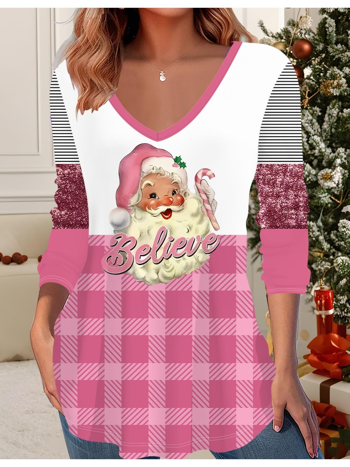 

3D Рождественская Принтованная Модная Повседневная Женская Футболка с V-образным вырезом и длинным рукавом - Одежда для новогодней вечеринки, Праздничный подарок 6XL