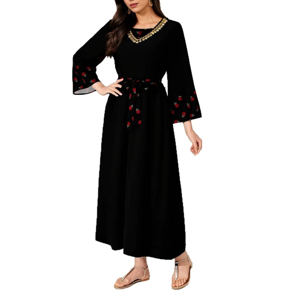 European and American large-size autumn new temperament elegant square collar printed long-sleeved medium and long dress
