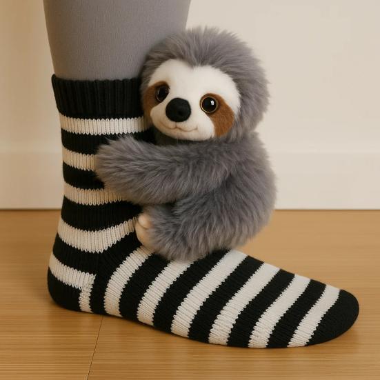 3D Plysj Dyresokker Søte Strikkede Sokker med Myke Dyr Elastiske Morsomme Dovendyr Kattesokker for Dyreelskere Julegave
