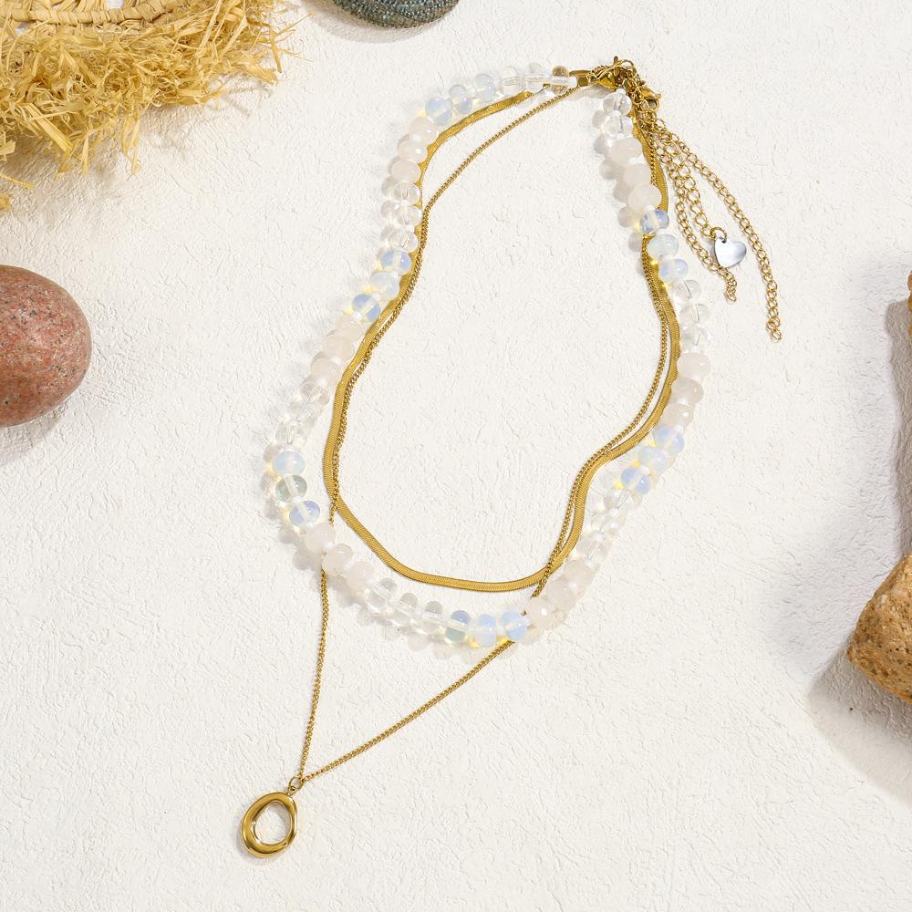 Three Pieces Colorful Natural Stone Beaded Necklace Women Geometric Pendant Stainless Steel Snake Collarbone Chain