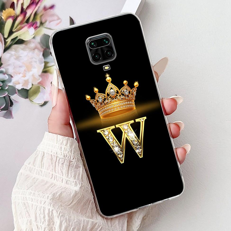 Clear Cover For Xiaomi Redmi Note 9s Case Fashion Luxury A-Z Letters Crown Soft TPU Phone Case M2003J6A1G