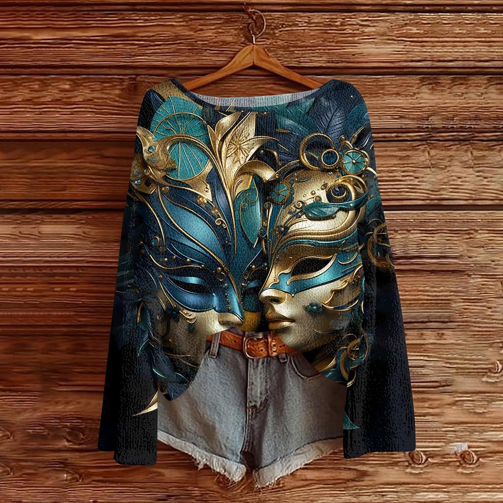 Women's Fashion Round Neck Long Sleeve Print Casual Pullover Sweater Top