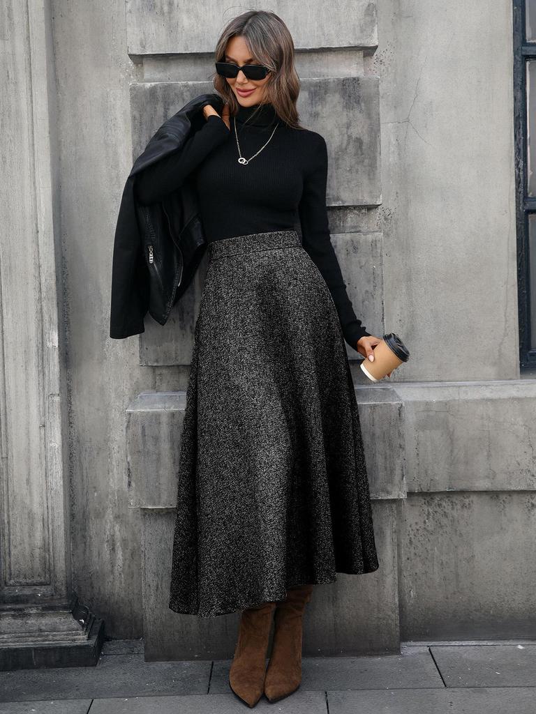 In Stock: High-End European Women's Wool A-line Midi Skirt - Autumn/Winter Collection