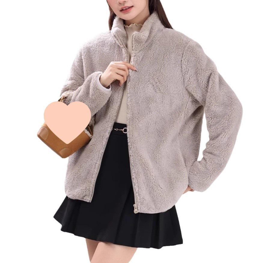 Women's 2026 Double-Sided Fleece Jacket: Grey, Warm Stand Collar, Trendy Autumn/Winter Outerwear