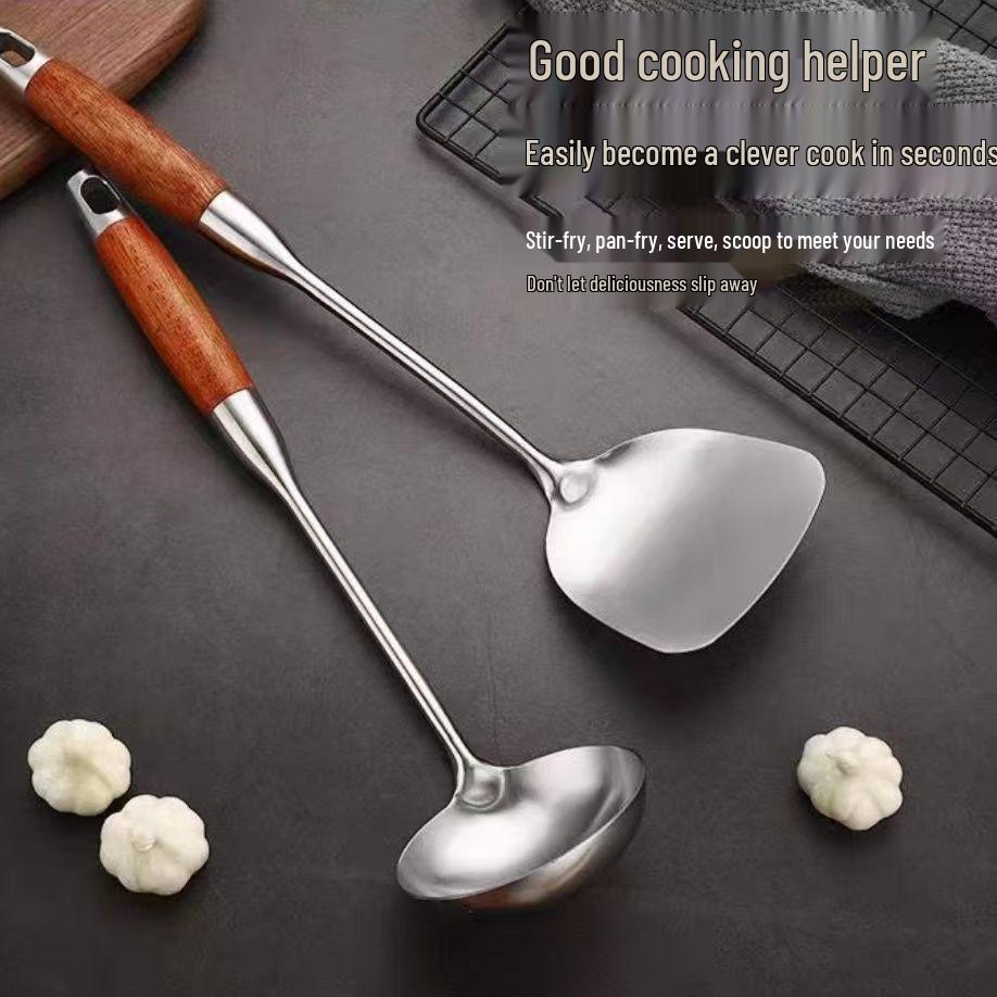New Chinese Style Stainless Steel Kitchenware Set: Wooden Handle Spatula, Ladle, Colander, Spoon, and Pot Spoon - Anti-Scald Design