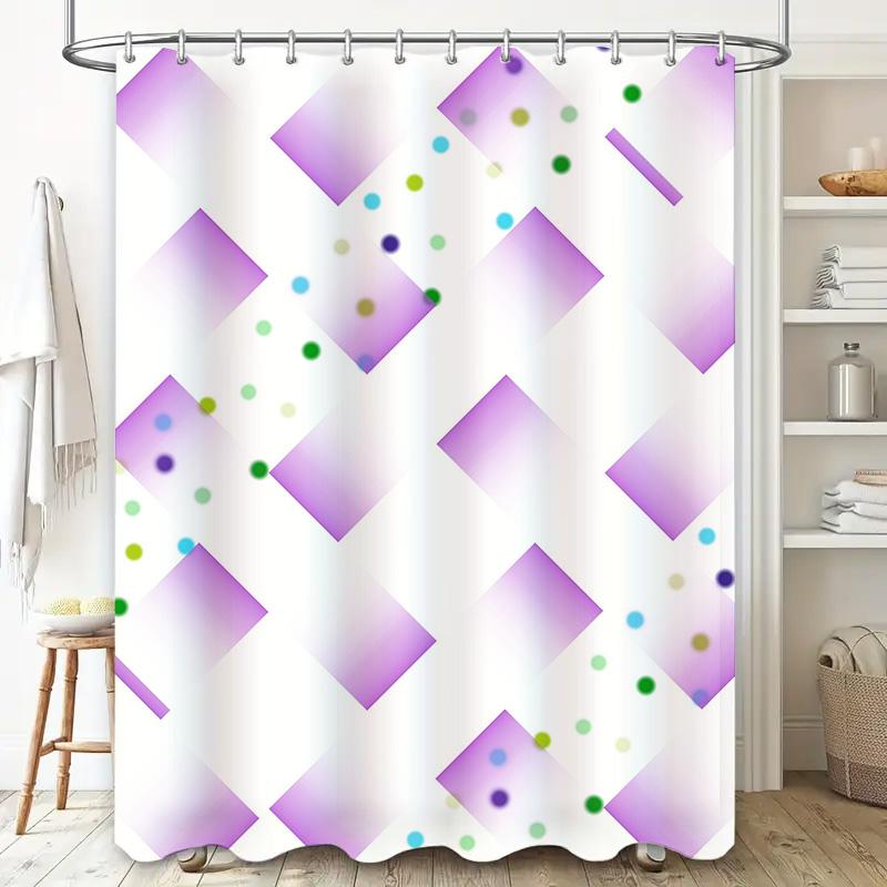 Modern Geometric Square Bath Curtain Set Bathroom Waterproof Shower Decorations Purple White With Colorful Accents (Set Of 1)