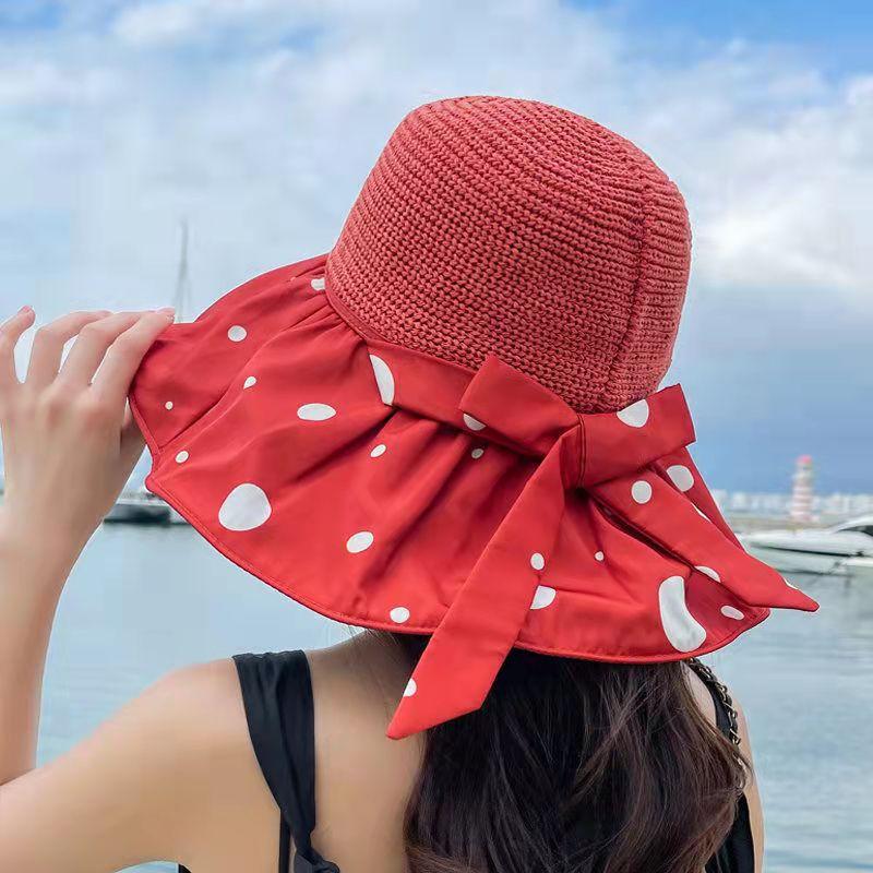 Summer Vinyl Visor Fashion Polka Dot Eaves Foldable Bucket Hat Temperament Bow Beach Visor Hat