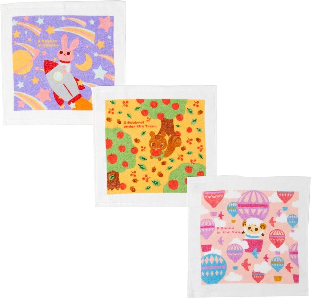 Marushin Piccolino Nature Friends Hand Towel Set with Perfect for and Elementary Perfect for Includes Product (3 Handkerchiefs) Case, Preschool,
