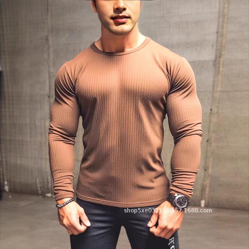 Men Waffle Jacquard Tight Elastic Long Sleeve Fitness Sports Casual Bottoming T Shirt