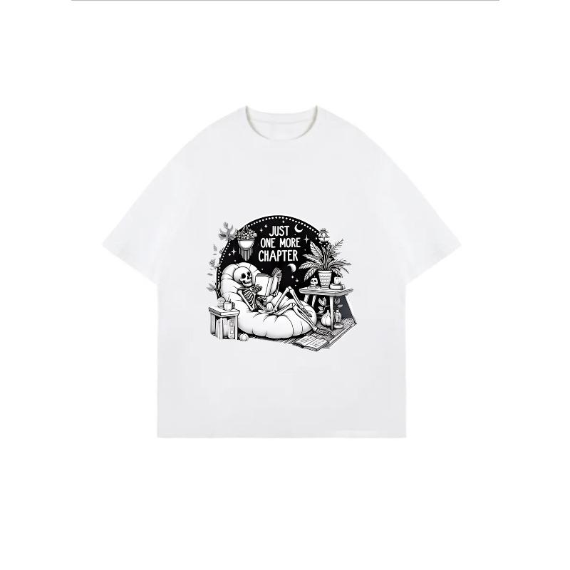White Oversized T-Shirt With Skeleton Reading Book Print And Just One More Chapter Text For Casual Wear And Book Lovers