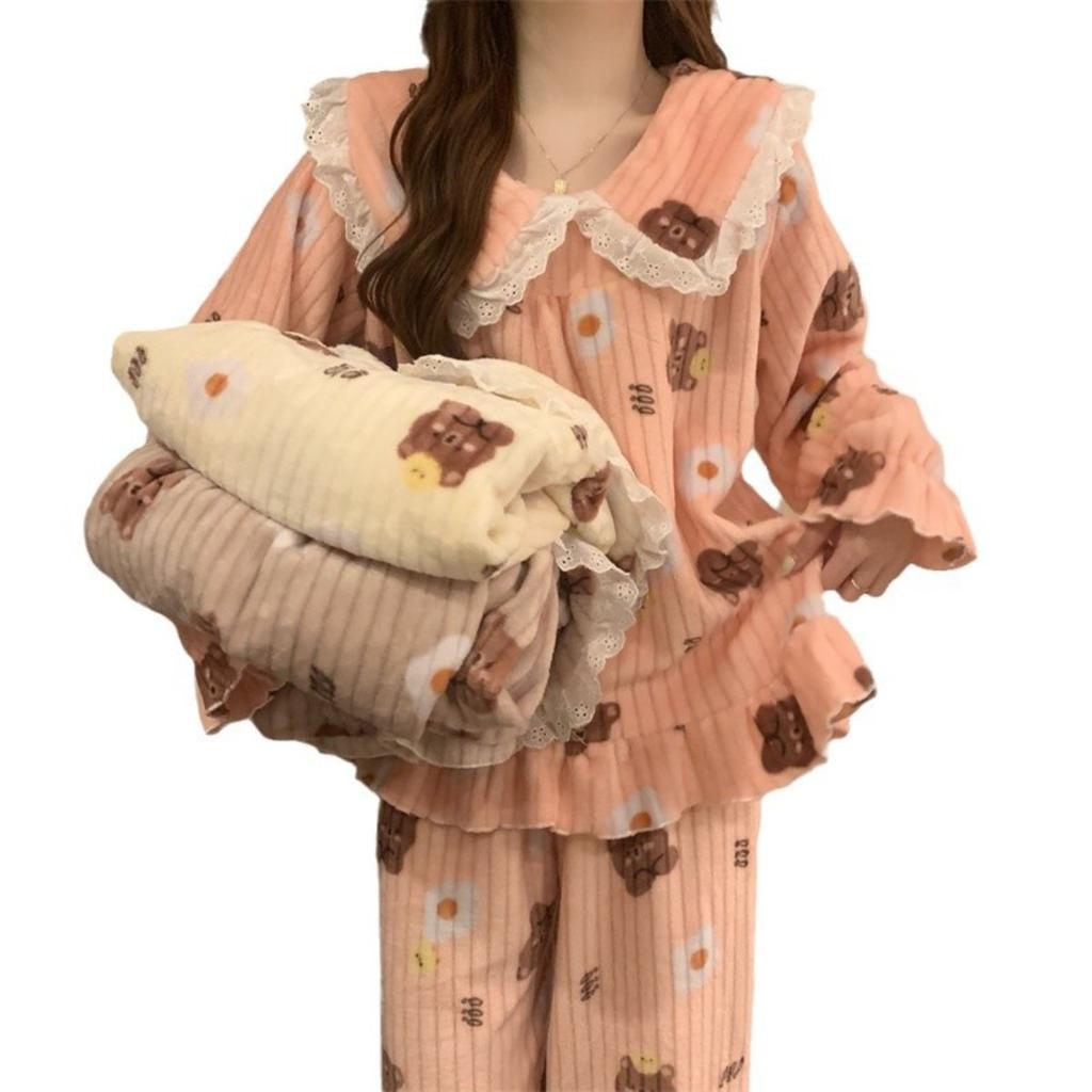 Autumn and Winter Coral Fleece Pajamas for Women, Thick and Warm Flannel Long Home Wear, Fashionable Plus Size Cardigan Set