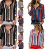 Elegant Women Autumn Striped Floral Button V Neck Long Sleeve T Shirt Casual Blouse