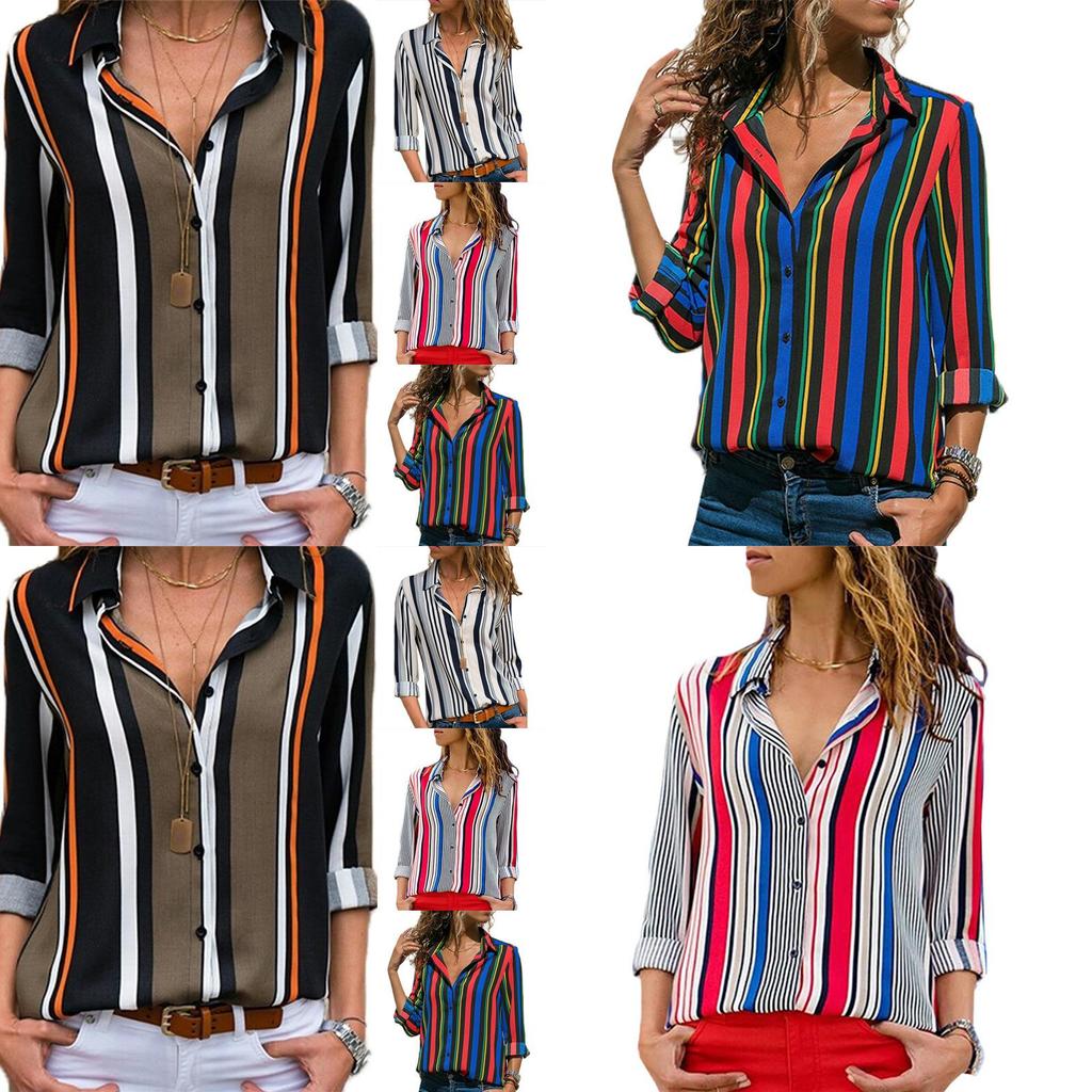 Elegant Women Autumn Striped Floral Button V Neck Long Sleeve T Shirt Casual Blouse