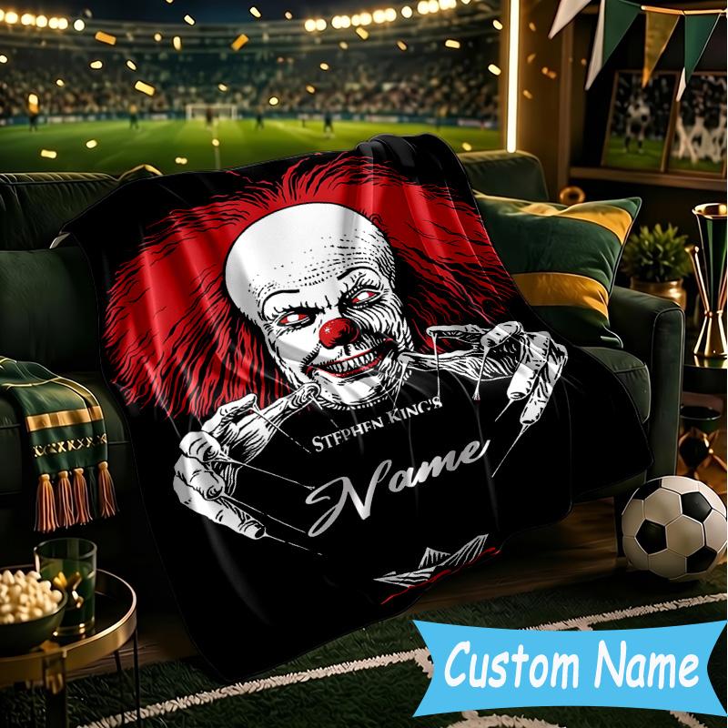 1PC Custom Name Clown Horror Throws Blanket Flannel Blankets for Couch Bed Gifts for Men Women Travel Picnic Christmas Fan Gifts