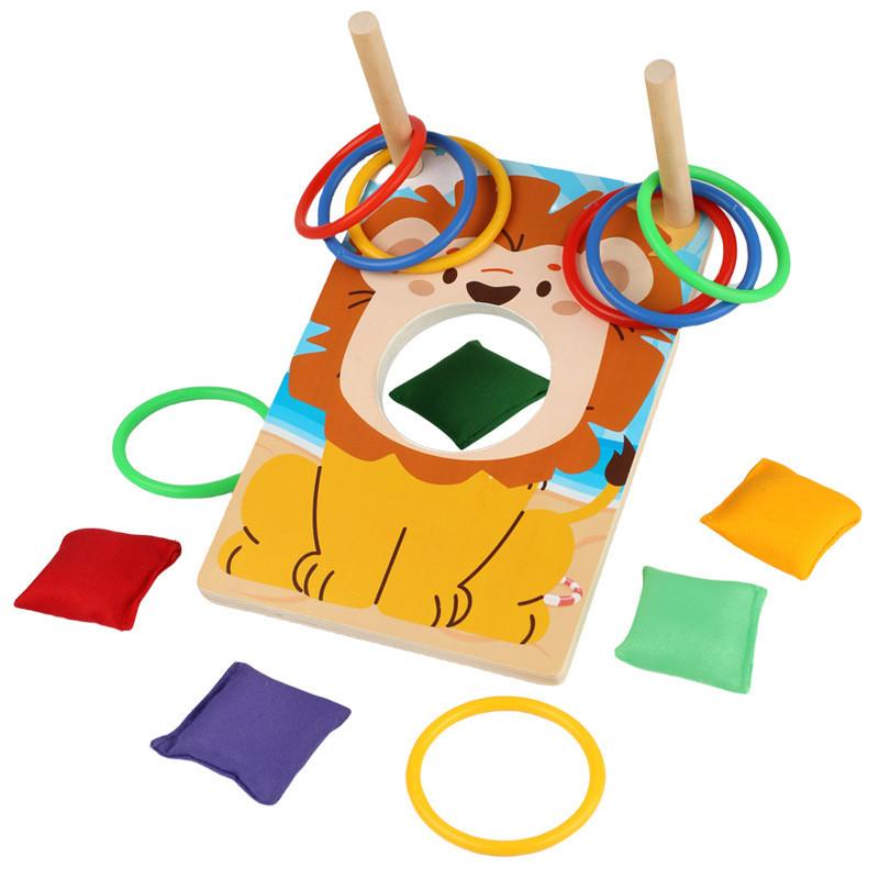 Childrens Lion Fun Bean Bag Toss Ring Game With Wooden Material For Educational Play