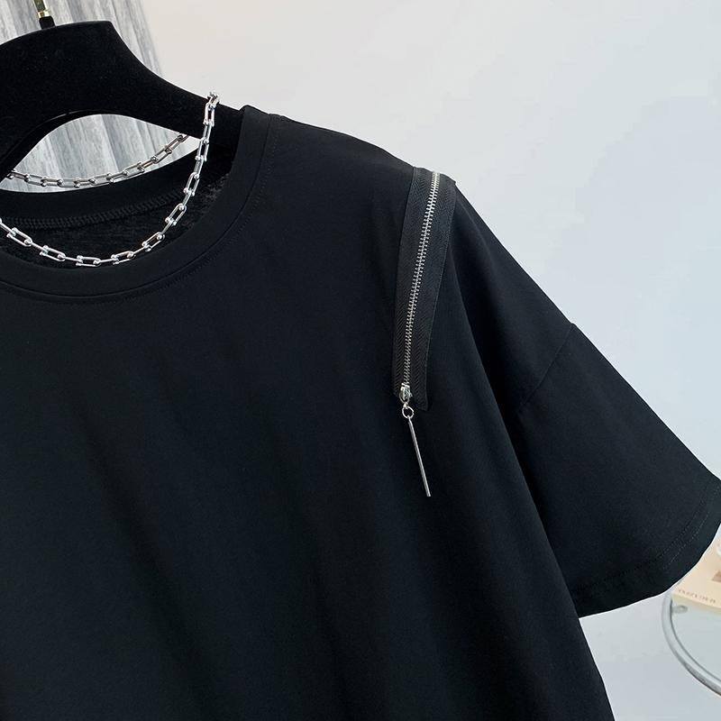 DIMANAF 2024 Women T-Shirt Zipper Female Solid O-Neck Cotton Loose Short Sleeve Tops&Tees