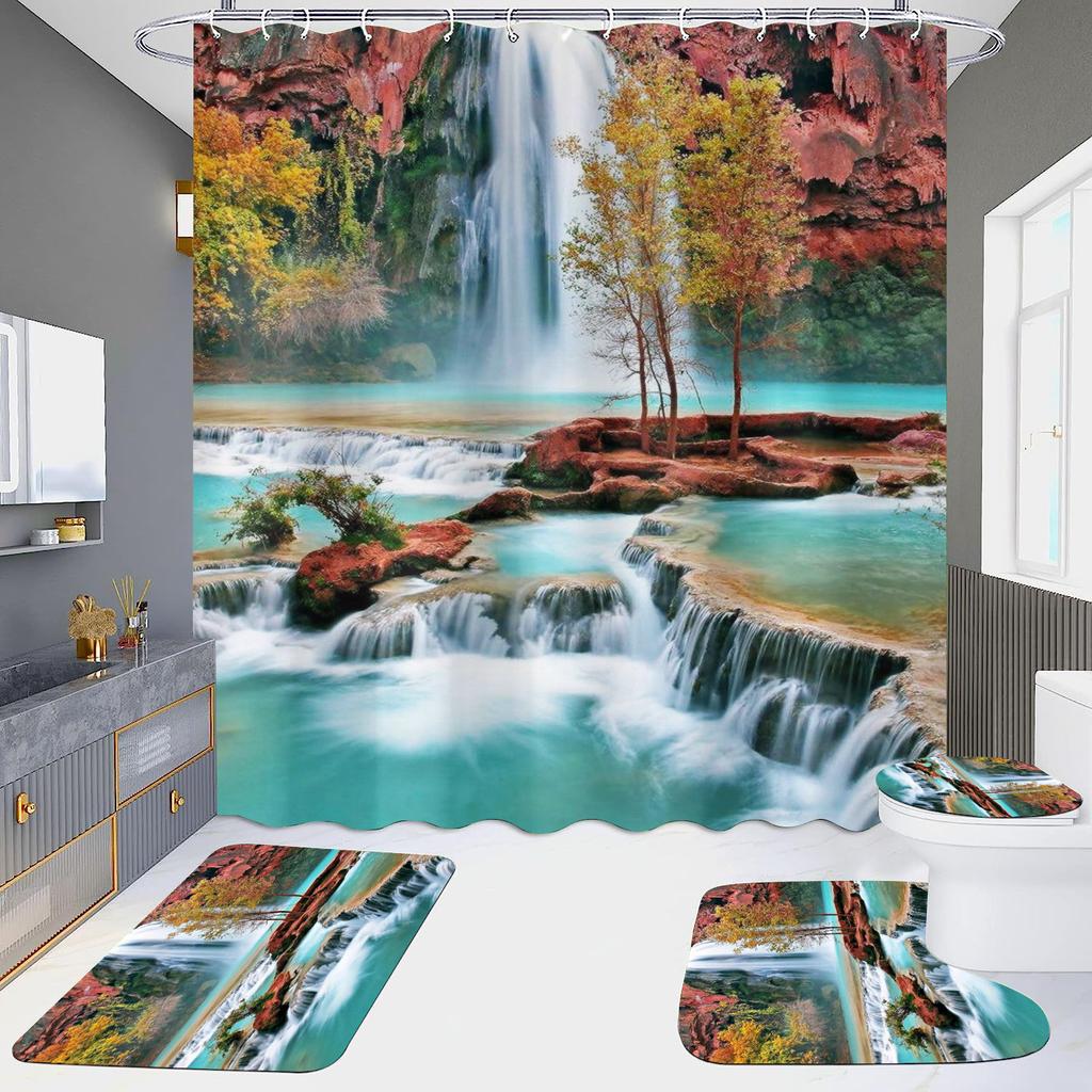 High Definition Digital Printing Shower Curtain Four-Piece Set Of Non-Punching Bathroom Bathroom Bathroom Partition Curtain Landscape