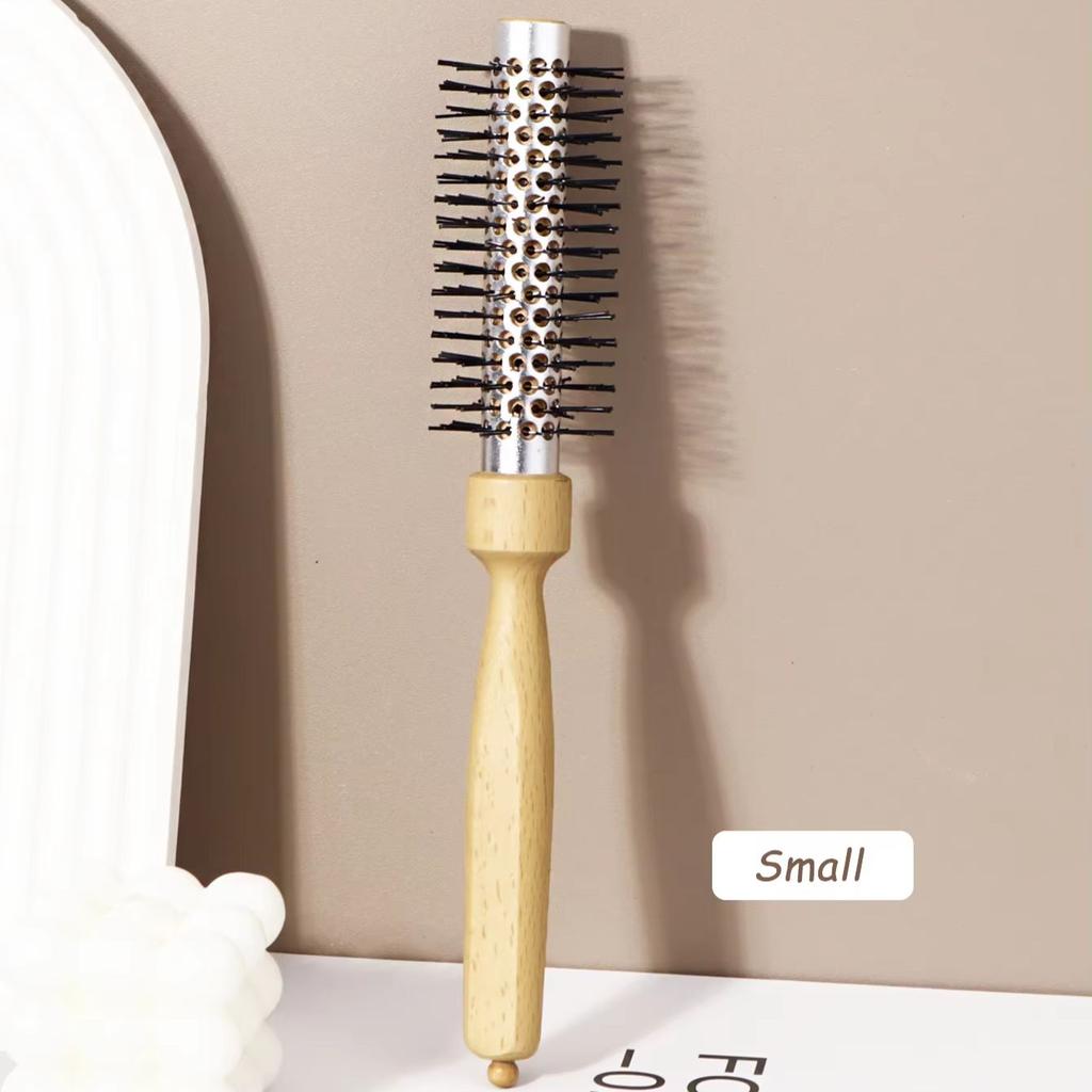Hairstyling Nylon Hair Brush - Hair Dryer Cylinder Curling Comb - Aluminum Tube Comb and Wooden Handle