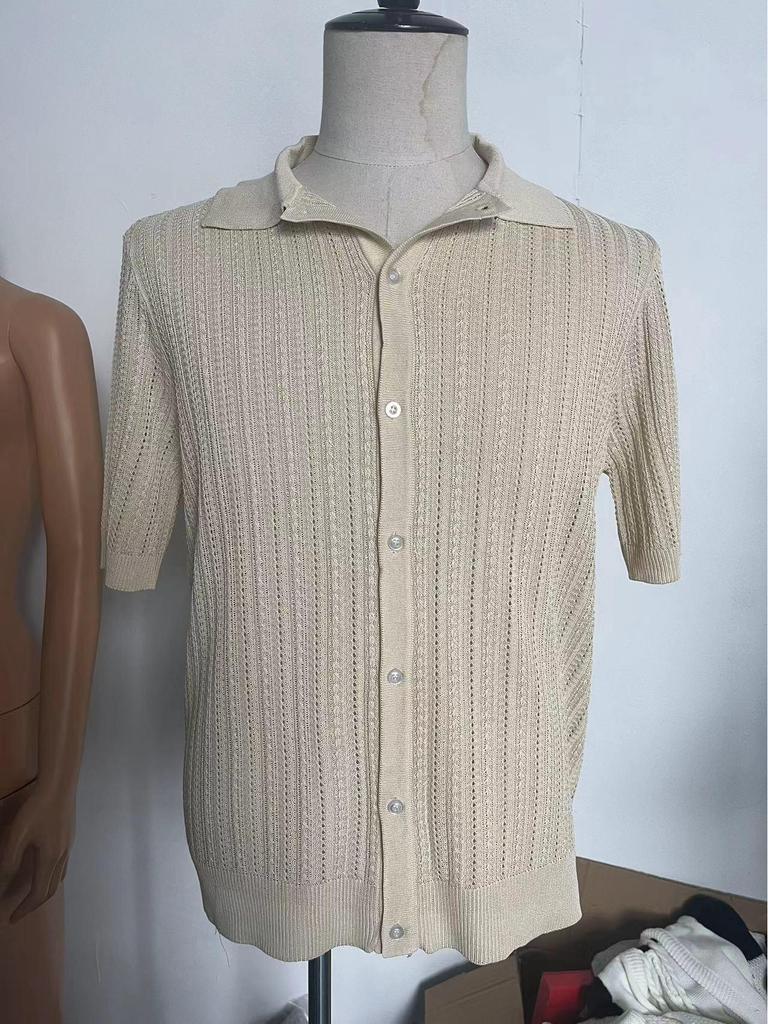 Men's Summer Cool Knit Short Sleeve Collared Shirt - Solid Color, Breathable, Hollow Out Design