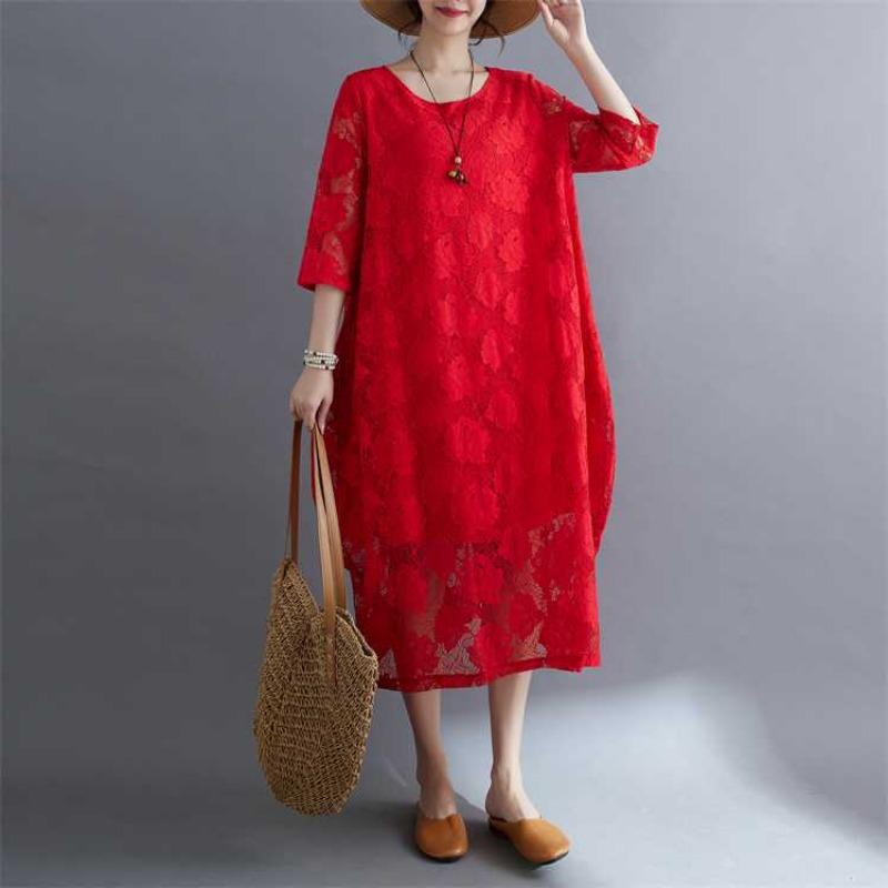 Summer Ethnic Style Lace Vintage Loose Dress Women Print Solid Color Round Neck Patchwork Pocket Long Sleeved Casual Versatile Dresses