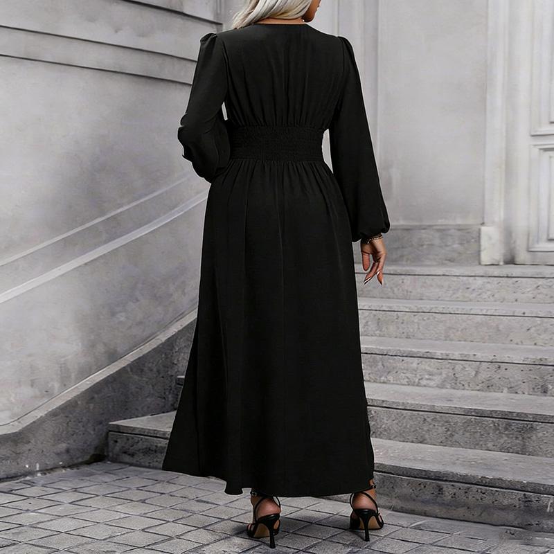 Women's Puff Sleeve Smocked High Slit Dress Fall Winter Elegant Party Dress for Women