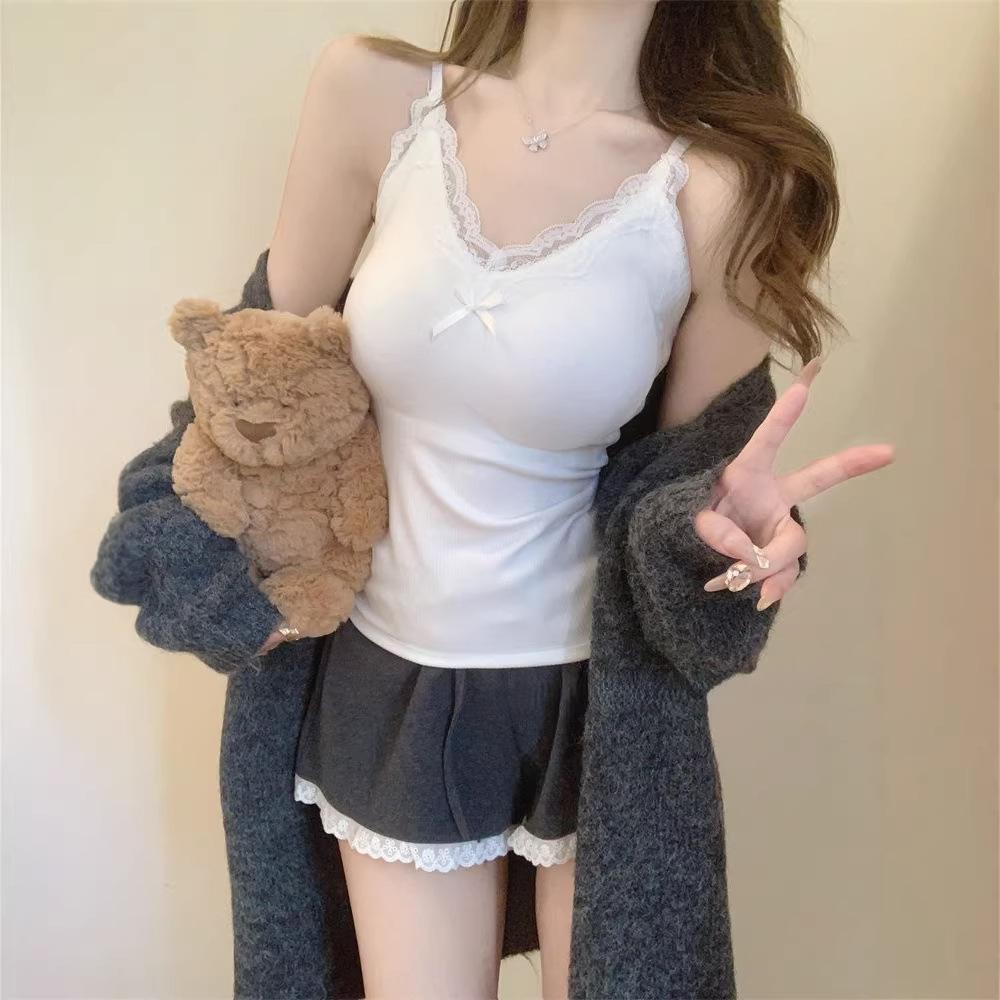 Sweet Spice Girl V-Neck Lace Edge Bow Suspender Vest Women's Summer New Slim Skinny Inner Bottom Top