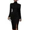 Damen Bodycon-Kleid mit hohem Kragen, Falten und langen Ärmeln, seitlichem Schlitz, für Abendgarderobe