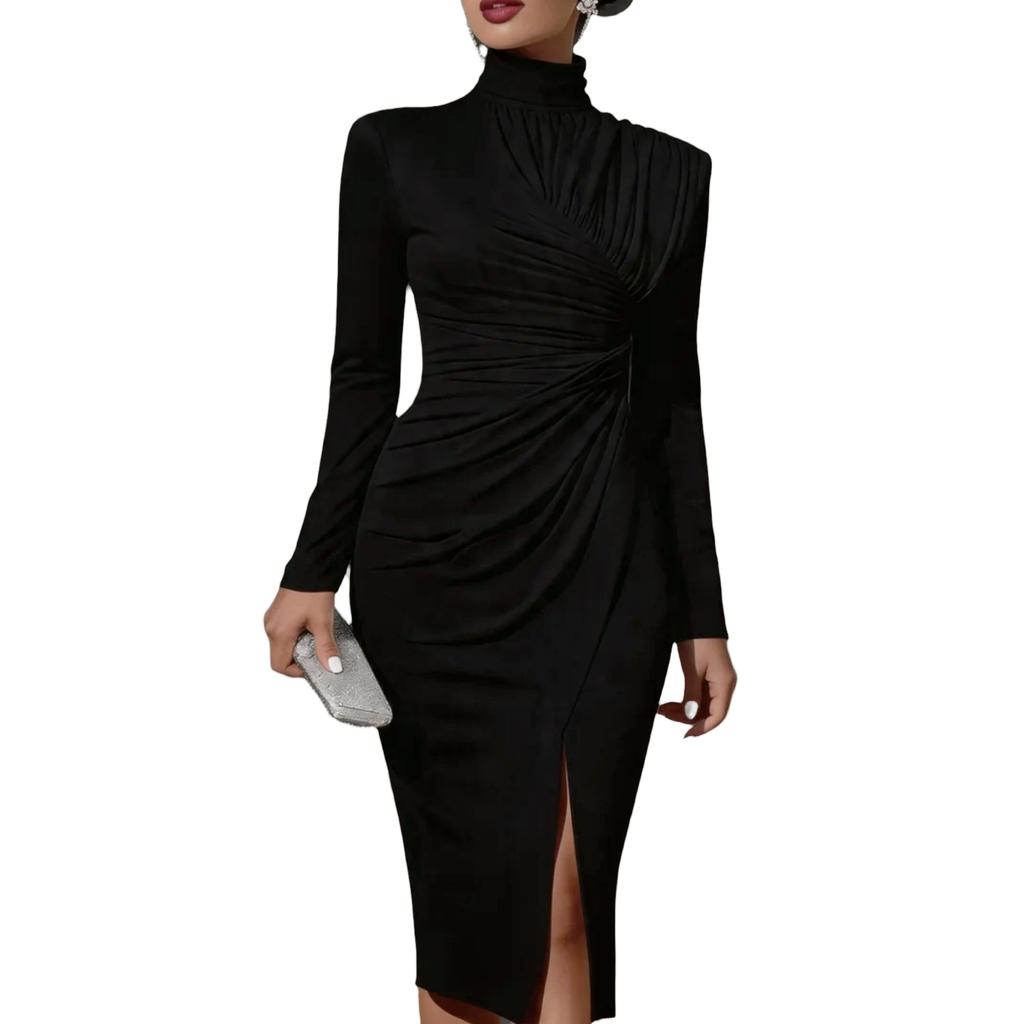 Damen Bodycon-Kleid mit hohem Kragen, Falten und langen Ärmeln, seitlichem Schlitz, für Abendgarderobe