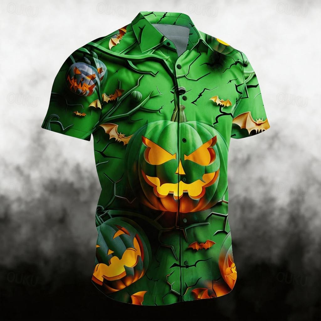 Men's Casual Short Sleeve Halloween Print Open Sleeve Shirt for Costume Parties and Casual Outings