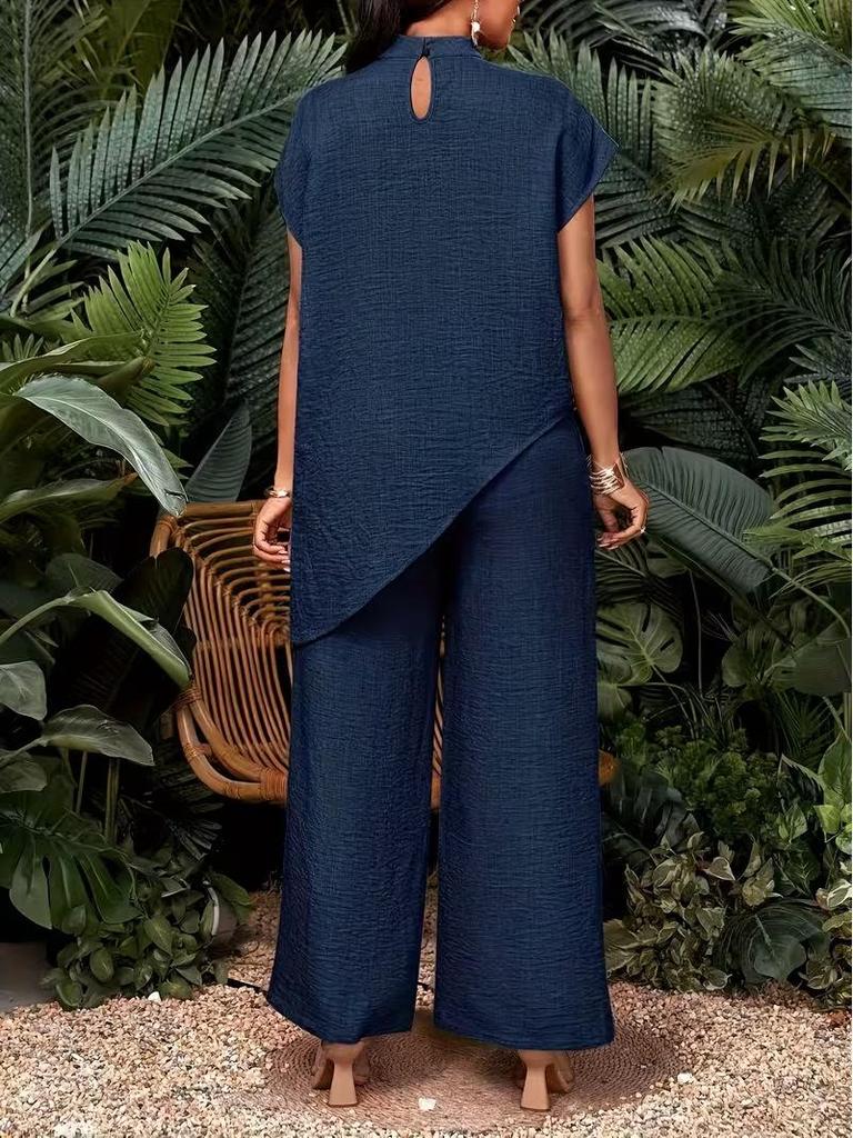 Women's Casual Asymmetrical Hem Two-Piece Set: Solid Color Top and Pants