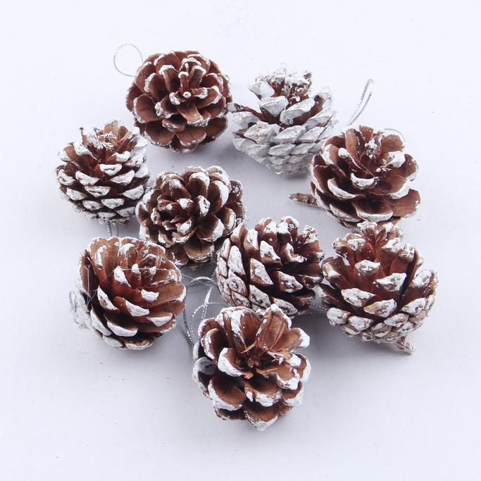 White Painted Natural Pine Cone Ornaments - Set of 9 Christmas Tree Decorations