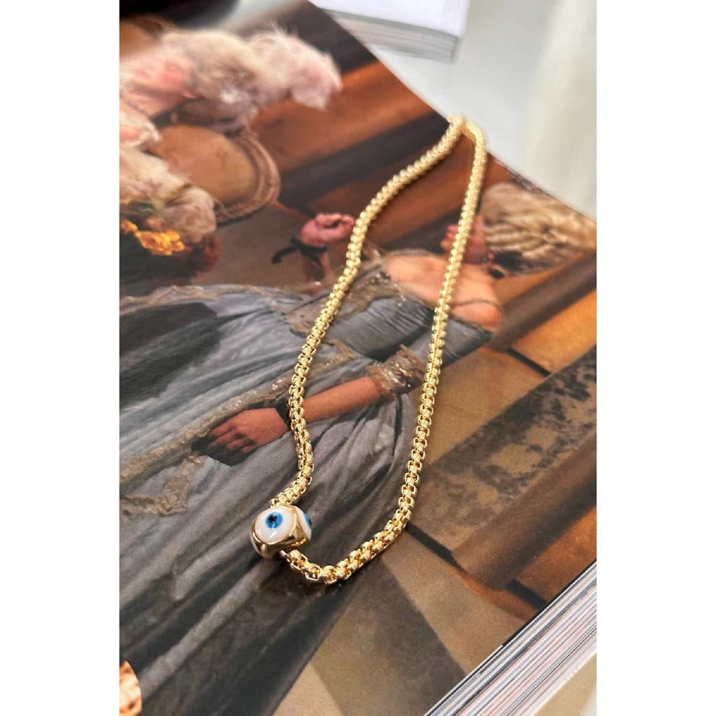 Weiße Emaille-Halskette mit bösem Blick und geschlossener Kette