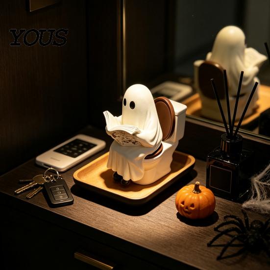 Gruselige Kamindekoration Niedliche Halloween-Geisterfigur, Lesender auf der Toilette Harzstatue, Lustiges Badezimmerornament für mehrstöckige Ablage Tischplatte Schreibtisch