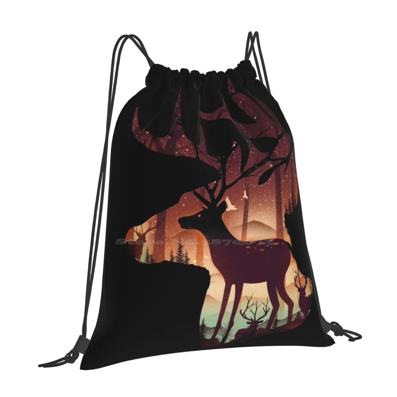 Mystical Deer Hot Sale Schoolbag Backpack Fashion Bags Stag Mystical Nature Forest Trees Illusion Deers Animals Wood Dreams OneSize