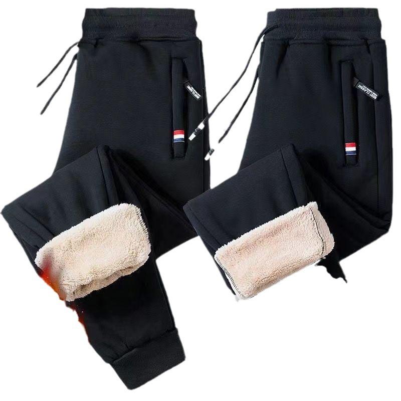 Men's Winter Lambskin Fleece Pants: Extra Thick, Warm, Loose Straight-Leg with Zipper for Young, Middle-Aged, and Elderly.