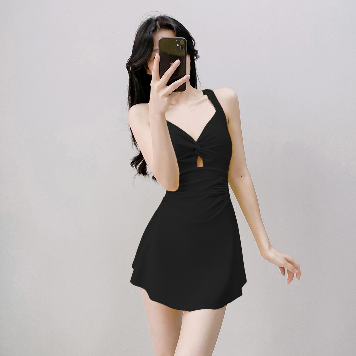Summer Pure Style Dress Sexy Slim Waist Swimsuit Beach Gathering Babes Suspender M чёрный