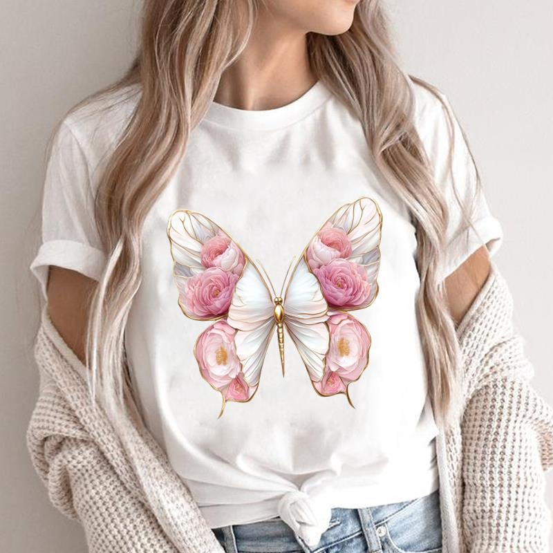 (Asian Size) Print Short Sleeve T-shirts butterfly style Fashion Female Casual Women's Top T Clothing O-neck Graphic Tee