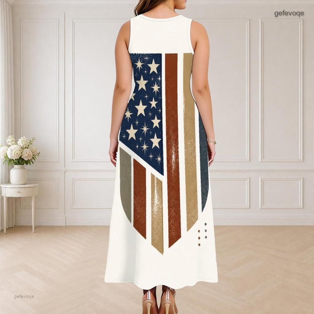 Women Plus Size Sleeveless Maxi Dress Round Neck Triple Keyhole Cutout Star Stripe Print Red Blue Off White