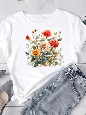 (Dimensione asiatica) fiore ad acquerello carino T-shirt a maniche corte Abbigliamento T-shirt Donna Donne Moda Top Stampa T-shirt Grafiche da Donna