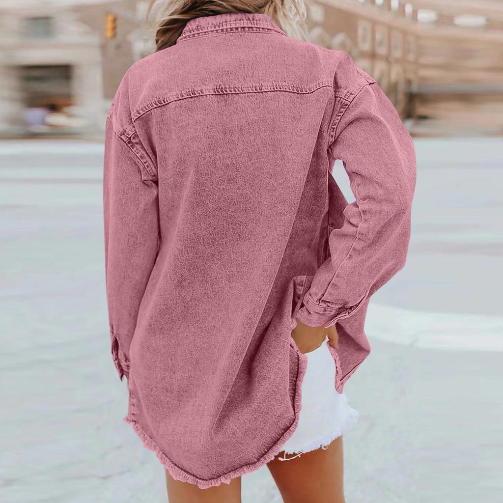 Women's Fashion Washed Denim Shirt Jacket With Frayed Hem Color Outerwear